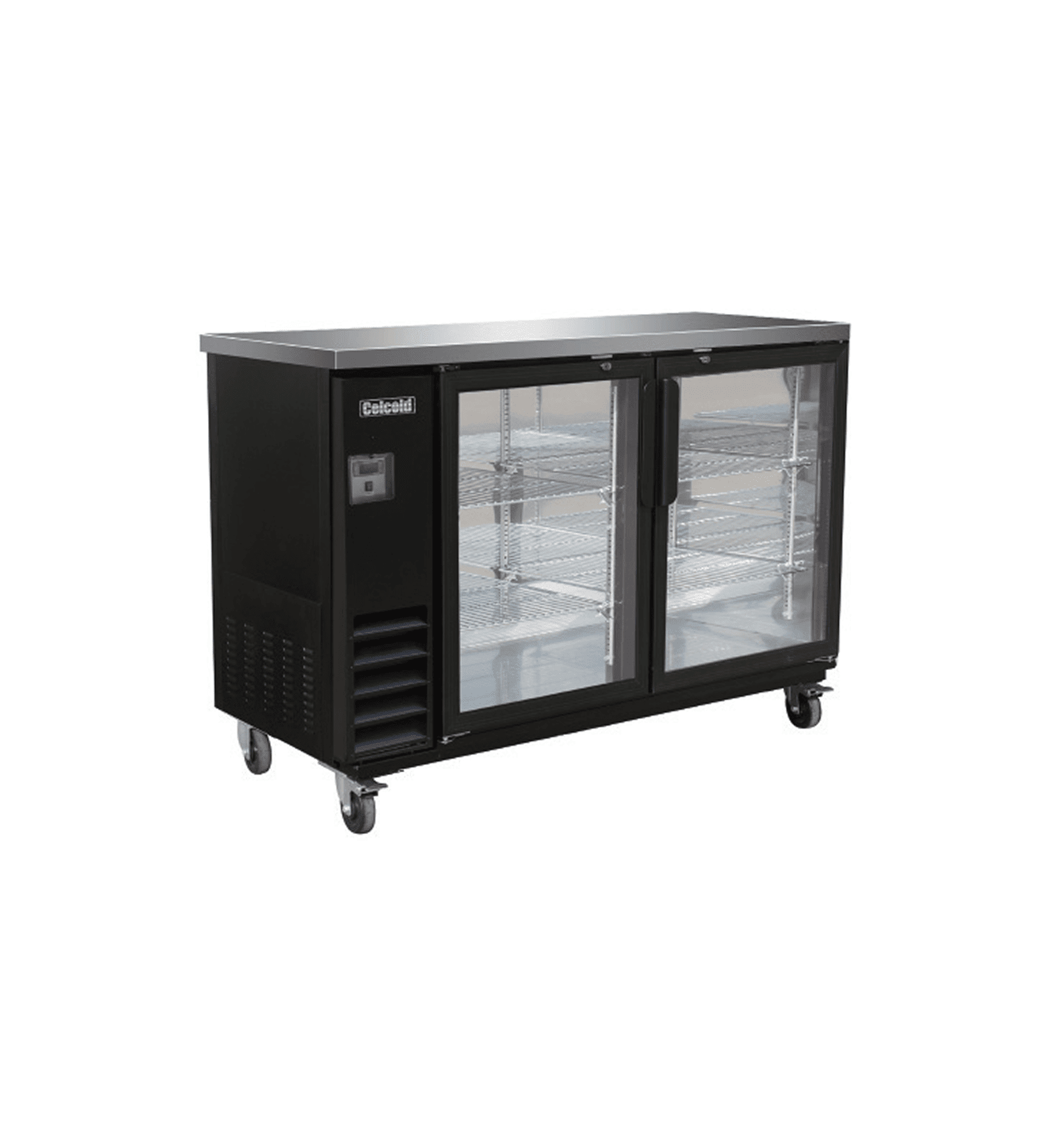 Celco Commercial glass-door refrigerator with wire shelves and caster wheels.