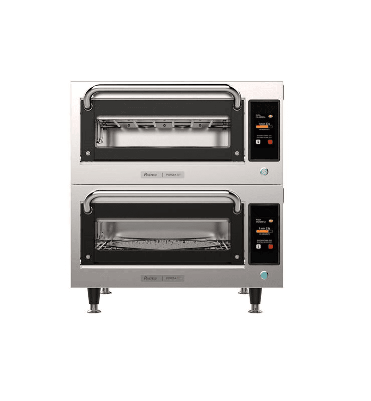 Dual-deck commercial pizza oven with digital control panels and front viewing windows.