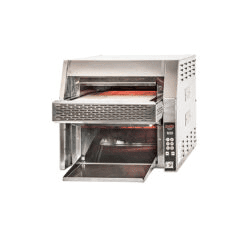 Conveyor-style commercial pizza oven with an open front and digital control panel.