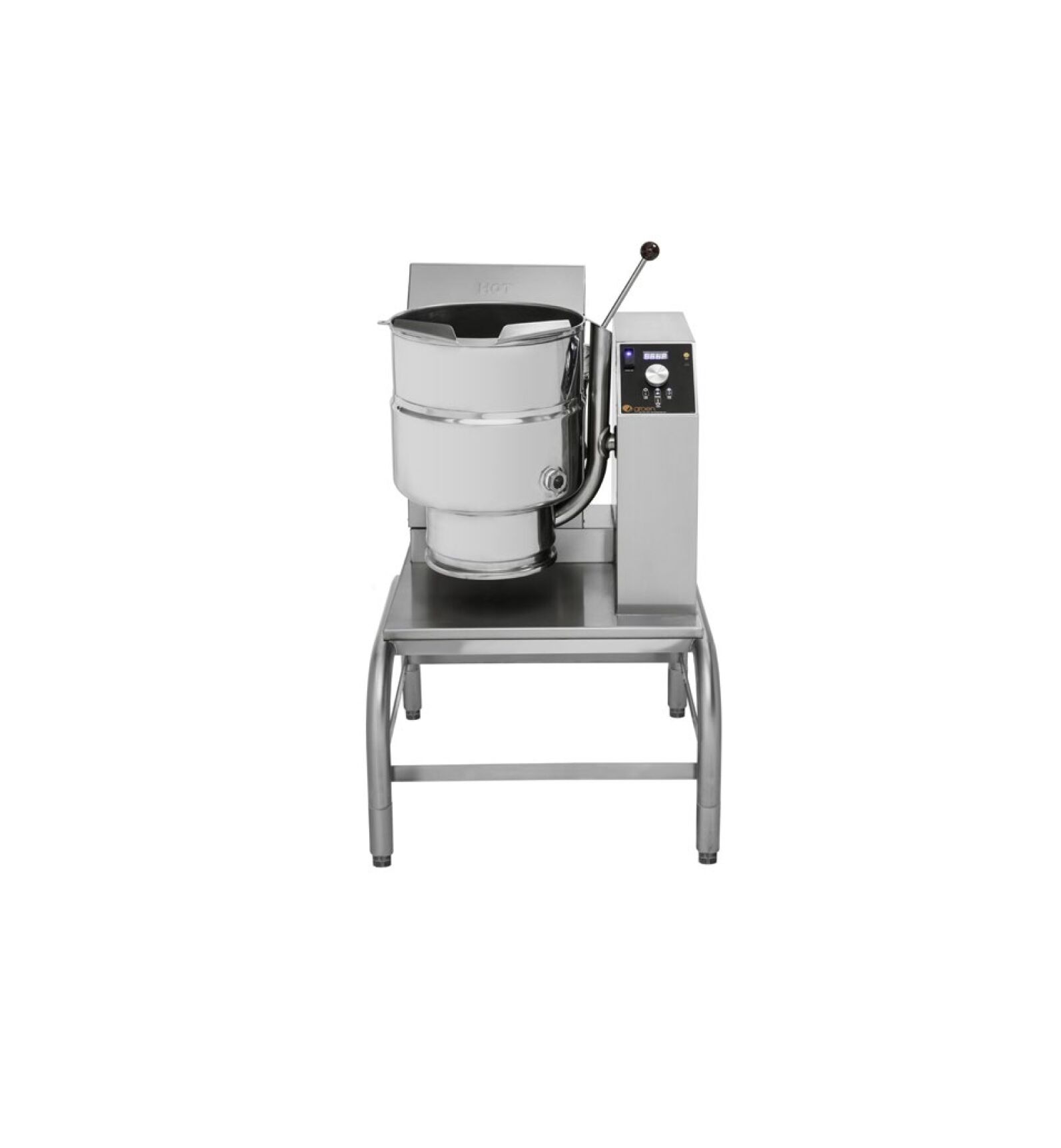 Large stainless steel mixer on a stand, model Groen TDH, designed for hand tilt and tabletop use, powered by gas.