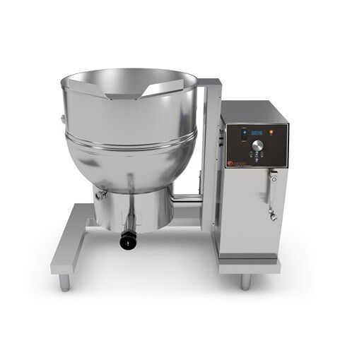 A large stainless steel mixing machine on a stand, labeled Groen DH Crank Tilt, designed for floor use and powered by gas.
