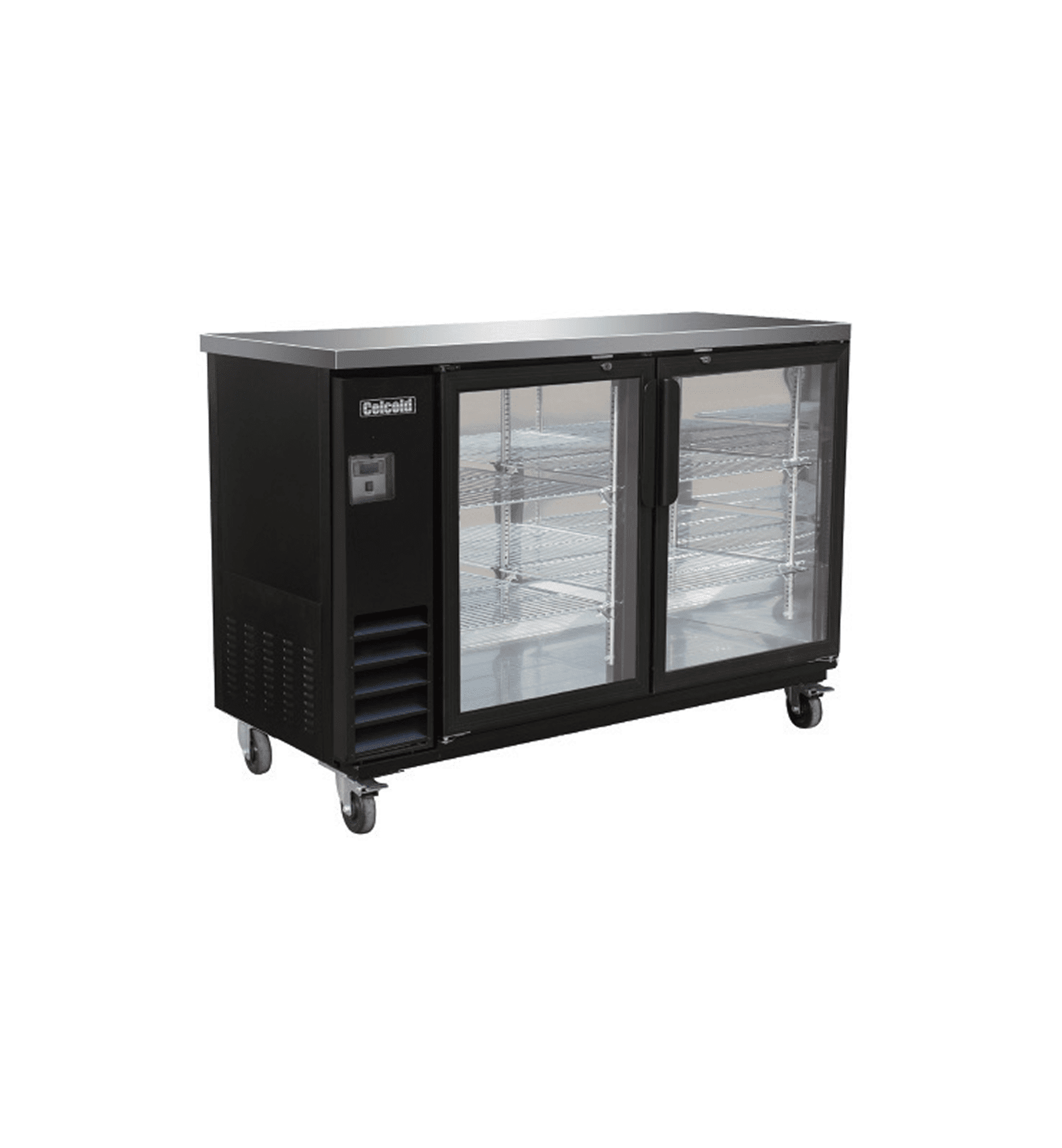 Celco Commercial glass-door refrigerator with wire shelves and caster wheels.