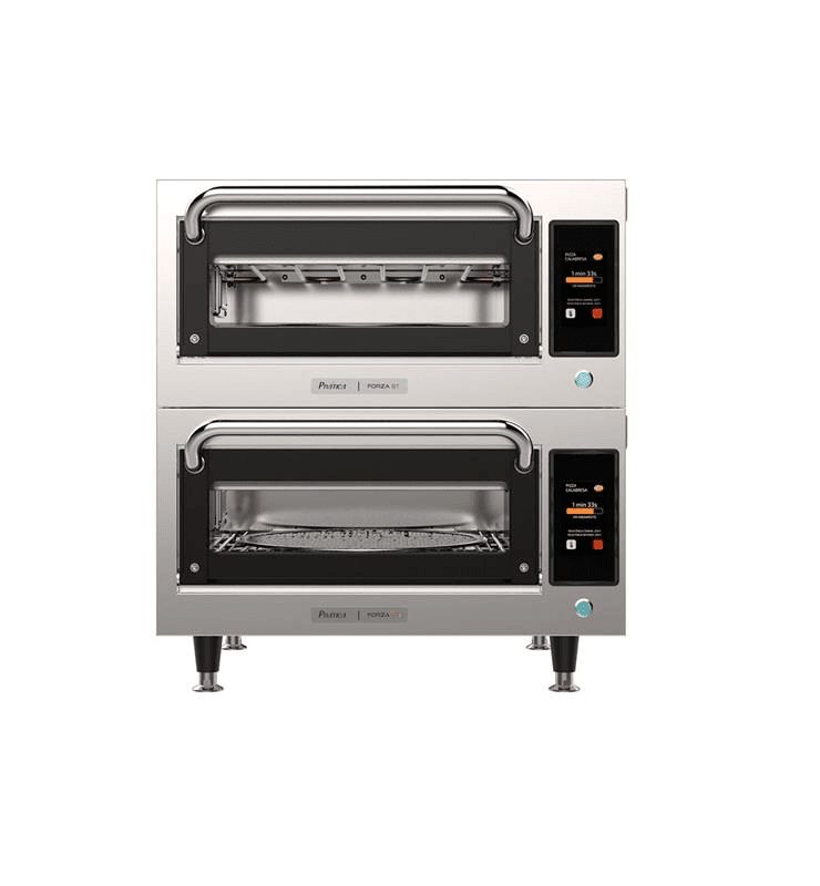 Dual-deck commercial pizza oven with digital control panels and front viewing windows.