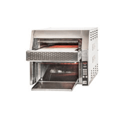 Conveyor-style commercial pizza oven with an open front and digital control panel.